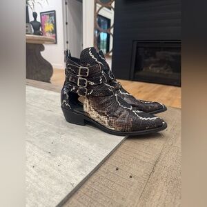 All Saints Naomi bootie, brown/black/white snake, size 38/8 *orig. $338